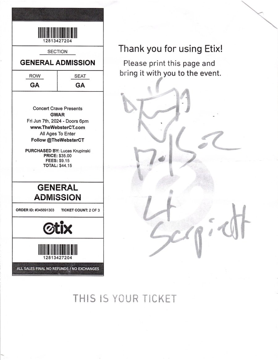 Gwar ticket signed by both of Derks’ alter egos